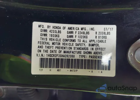 2017 Honda Accord Lx z USA, uszkodzony, nr VIN 1HGCR2F35HA262068